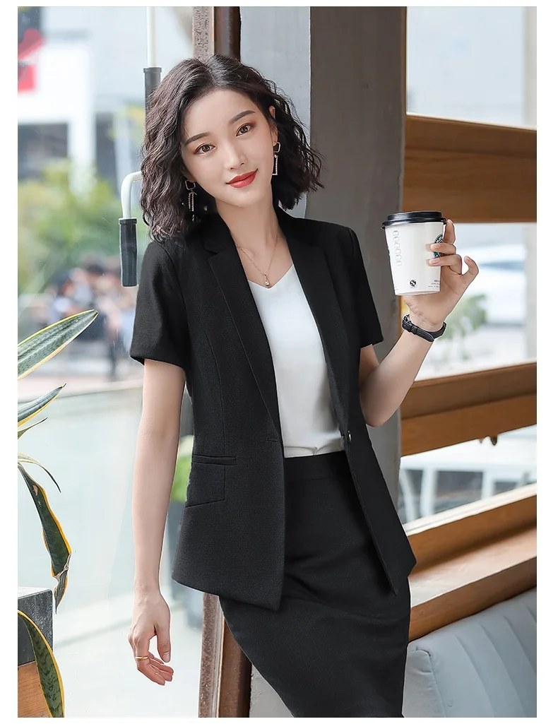 Женский элегантный формальный офисный костюм летний черный блейзер женские