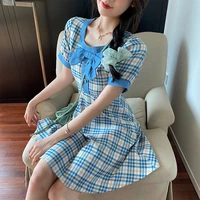 2021 summer new plus size womens bowknot blue plaid dress summer cover belly was thin a line skirt