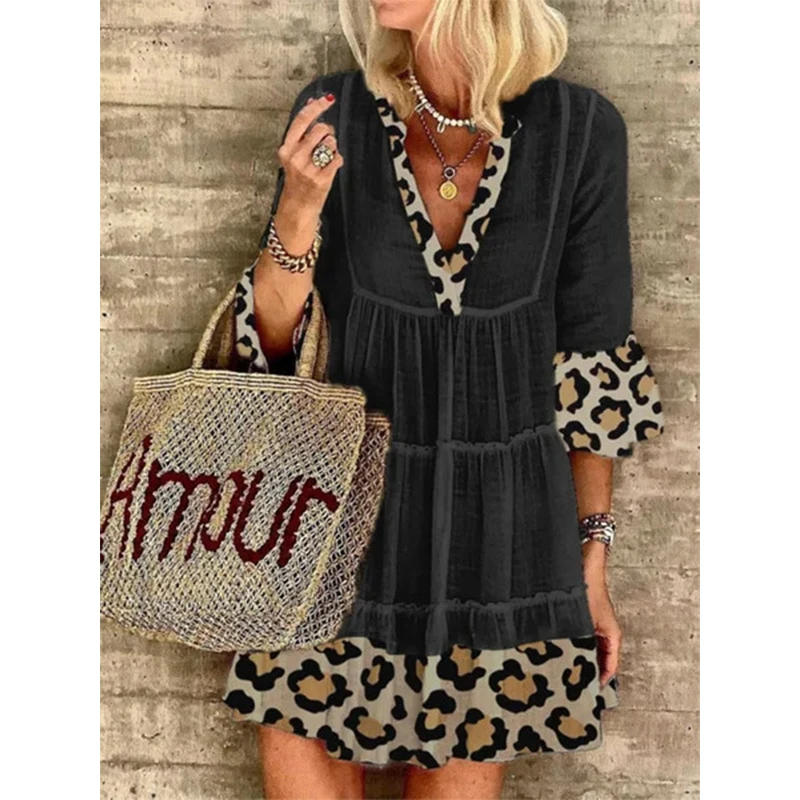 

Female Summer Clothes Women Casual New Leopard Print Stitching Loose V Neck Half Sleeve All-Match Dress Clothing Short Dresses