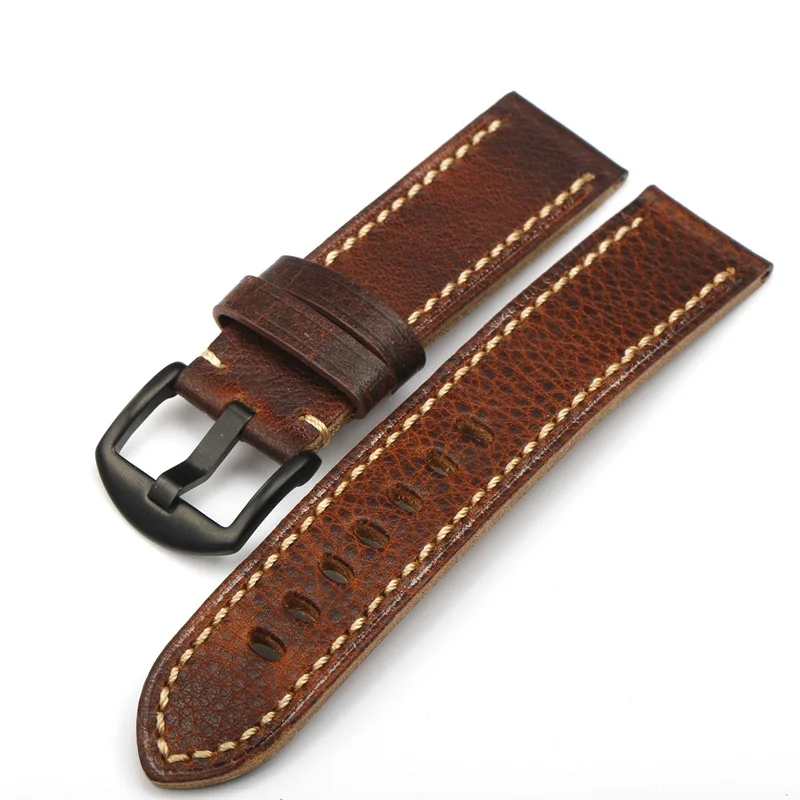black buckle Винтажный коричневый, красный кожаный ремешок с зернистой текстурой 20 мм 22 мм 24 мм толстый и толстый мужской ремень для наручных часов подходит для кожаного ремешка Panerai - Цвет ремешка: black buckle