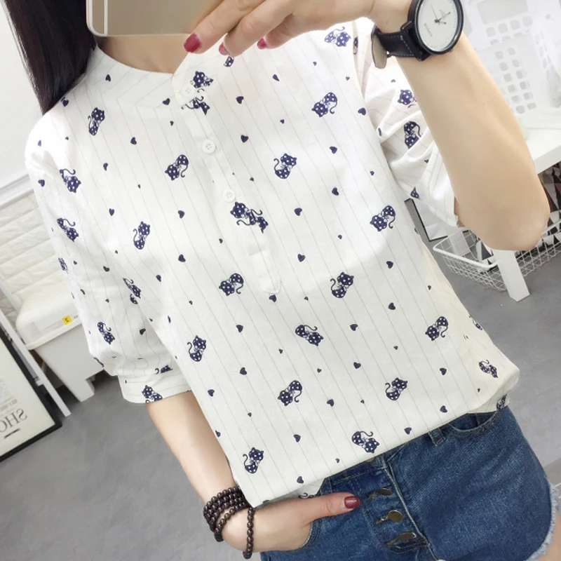 Блузки с воротником стойкой рубашки коротким рукавом для студентов хлопковые