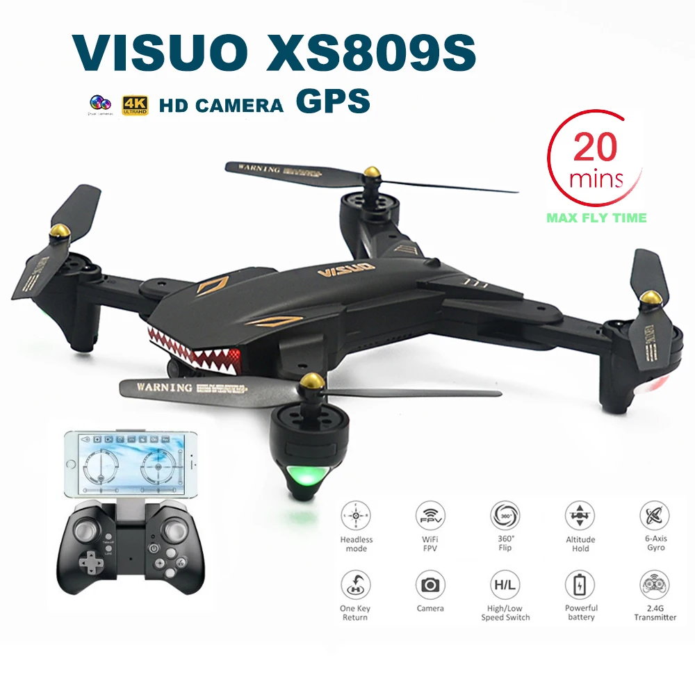 XS809W RC вертолеты селфи Дрон GPS 4K HD камера Quadcopter Wi Fi FPV 20 минут полета Безголовый