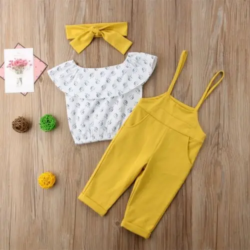 

Floral Toddler Baby Girl Kids Off Shoulder Tops+Strap Pants Overalls Summer Clothes Set