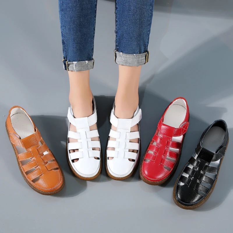 

Flat Bottom Leather Summer 2021 New Hollow Shallow Mouth Casual Word Buckle Beef Tendon Bottom Large Size Female Sandals
