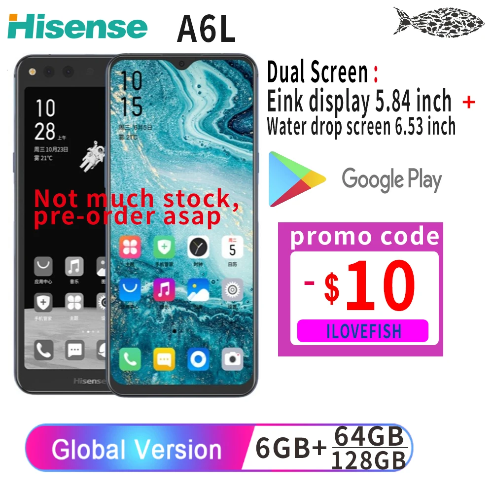 

Google Play Snapdragon 660 Android 9.0 Original Smartphone Hisense A6L 6.63" AMOLED+5.84" Ink Display Smart Phones IMX386 Phone