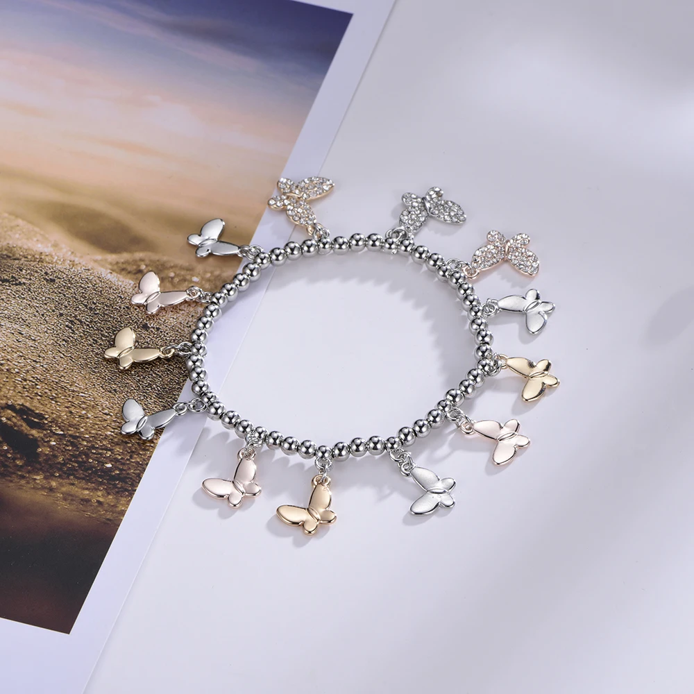 

2020 Elegant Gold Silvery Charm Bracelet for Women Accessories 4MM Beads Chain Rhinestone Butterfly Bracelets Homme Jewellery