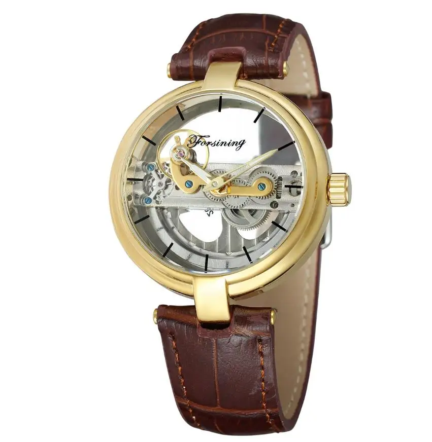 Ультратонкие серебряные автоматические механические мужские часы Tourbillon из натуральной кожи ремешок прозрачный циферблат спортивные часы мужские Relojes - Цвет: brown gold