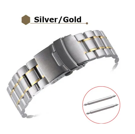 Silver Gold Stainless Steel Watch Band 18mm 20mm 22mm 24mm Strap Wristband Curved End Watch Strap Double Lock Buckle Replacement Wrist Belt - Цвет ремешка: Silver Gold