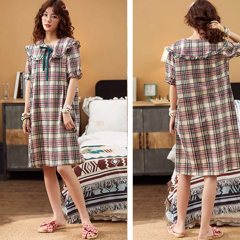

2020 New Doll Collar Loose Large Size Short-sleeved Nightdress Women's Fashion Print Bowknot Korean Nightdress Spring and Summer