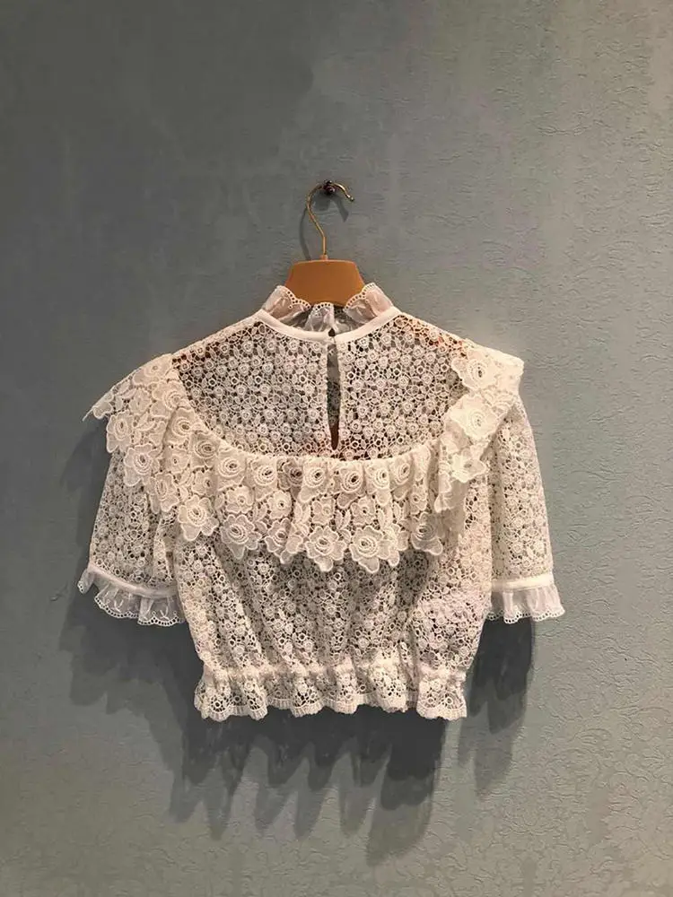 

Retro Slim Lady Lace Blouse Ruffles Timr Collar Embroideried Hollow Female Fashion White Shirt and Top