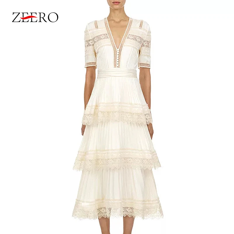 Женское длинное платье с каскадными оборками Кружевное белое макси коротким