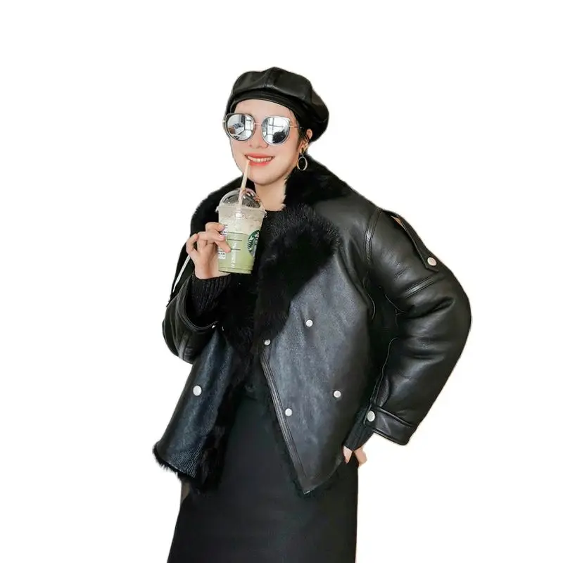 

Women Genuine Leather jacket factory direct sales ladies loose fur coat winter jacket women fur jackets one fur trim coat winter