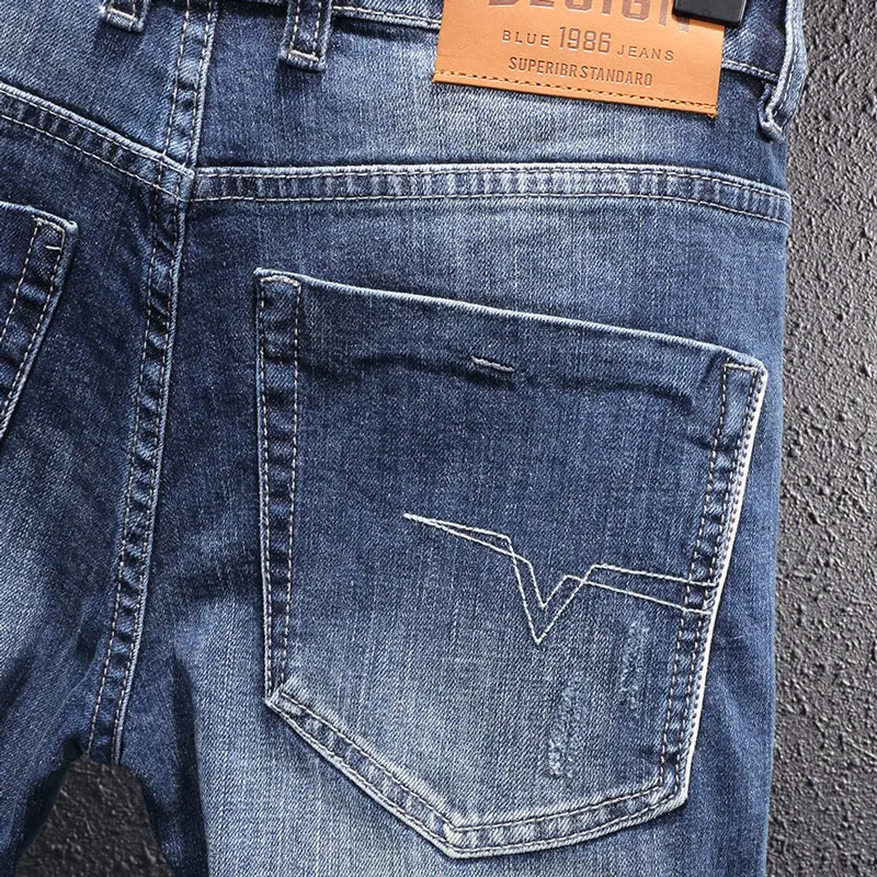European Vintage Fashion Men Jeans Retro Blue Elastic Slim Fit Designer Jeans Men Italian Style Casual Plain Cotton Denim Pants