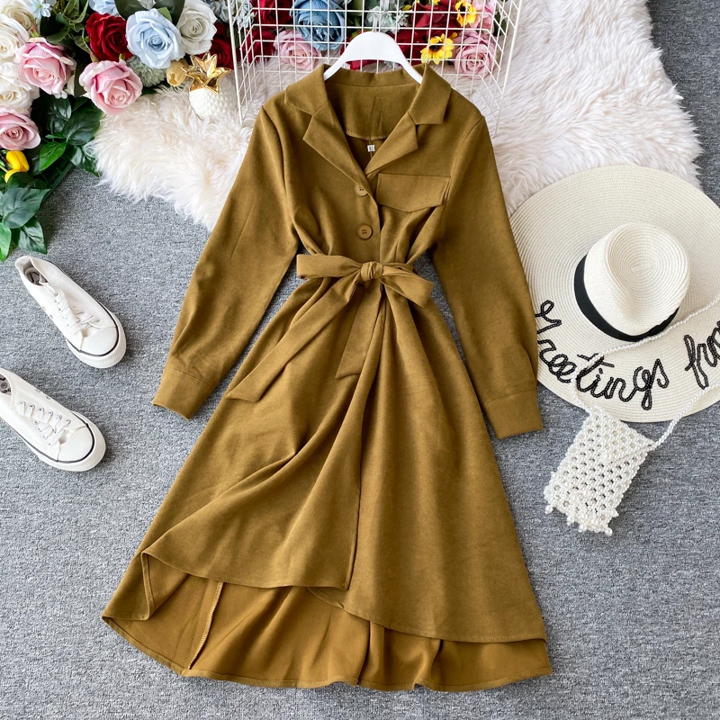 SINGRAIN Women Irregular Long Corduroy Dress Winter Streetwear French Office Warm Sleeves Autumn Vintage Shirt |