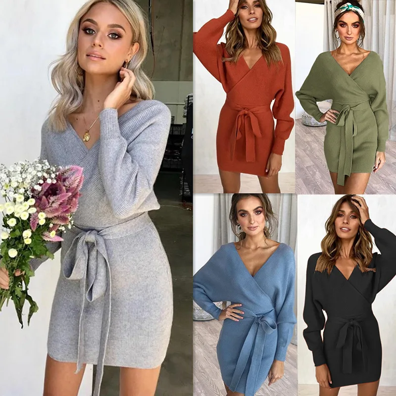 

2020 Autumn/Winter Women Knit Dress Sexy V-neck Long Sleeve Package Hip Mini Skirt Temperament Casual Slim Wear Sashes Vestidos