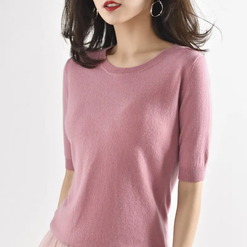 100% Pure Merino Wool Women Summer T Shirt Knitted Short Sleeve O-Neck Kintwear Basic Female T-shirt Pullover Base Tee Sweater | Женская