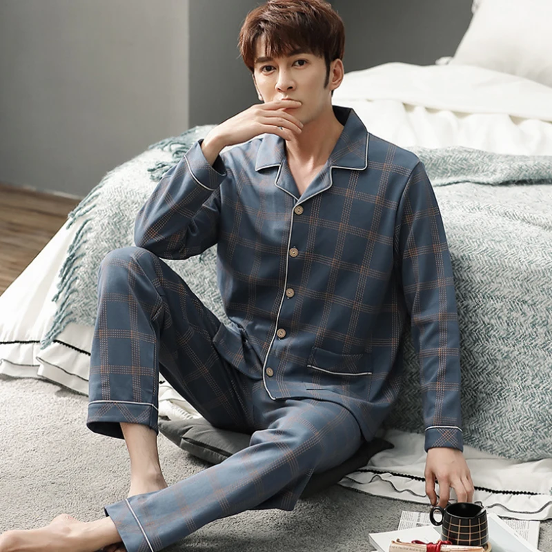 Зимняя Хлопковая мужская пижама одежда для сна отдыха черная клетчатая Пижама