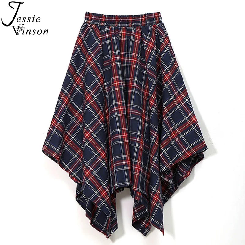 Джесси Винсон Высокая талия плед поясом Асимметричная юбка для женщин корейский