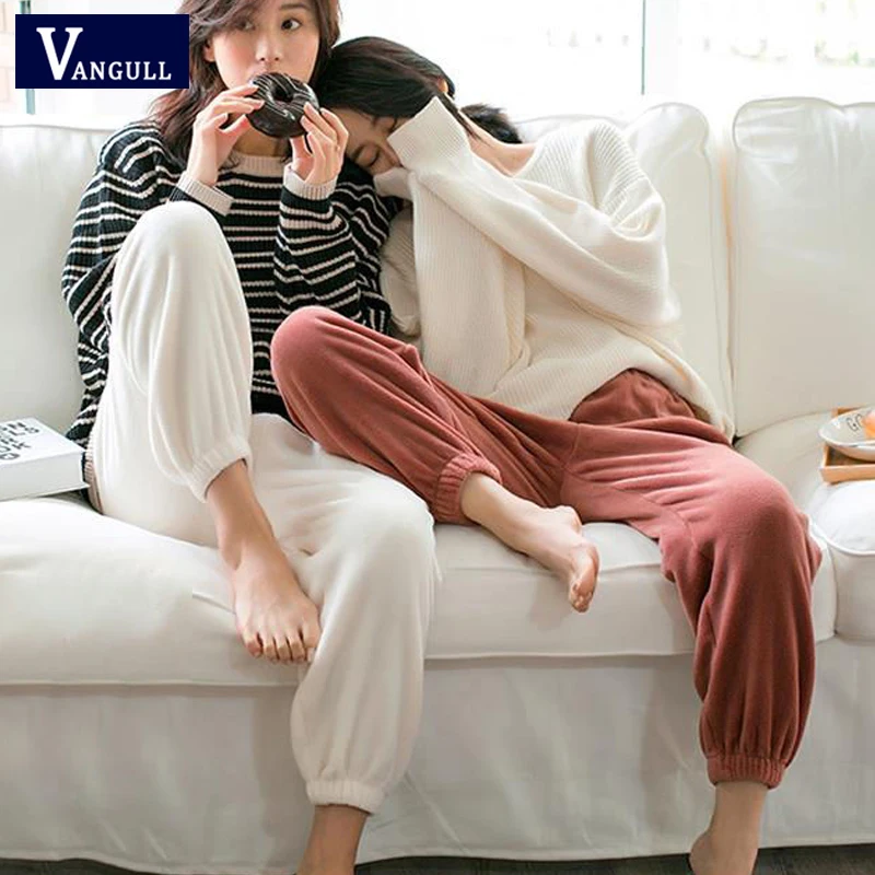 Vangull Winter Flannel Casual Pants Letter Embroidery Harem Pants New Warm Joggers Comfortable Elastic Waist Ankle-Length Pants