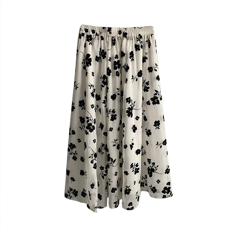 

Sister Fara Summer Elegant Gauze Floral Women's Skirt Chic High Elastic Waist Solid Loose Midi Skirts Loose Casual Skirt Women