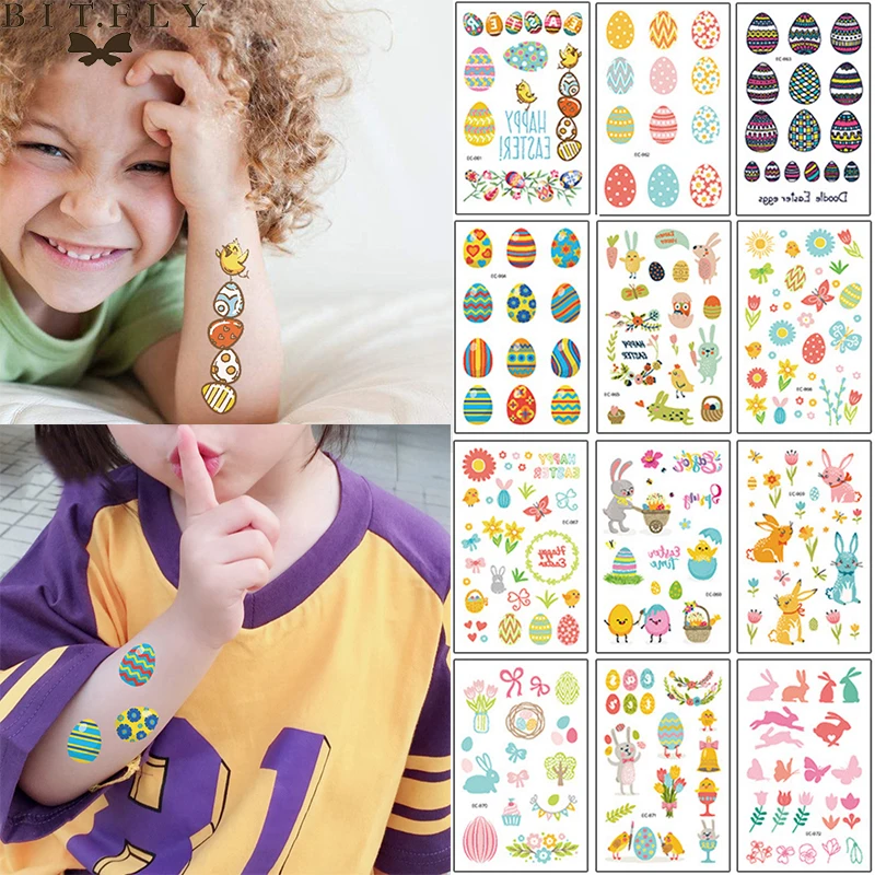 

12Pcs Happy Easter Stickers Decorations Kids Temporary Tattoos Sticker Baby Shower Easter Party Rabbit Egg DIY Body Art Stickers