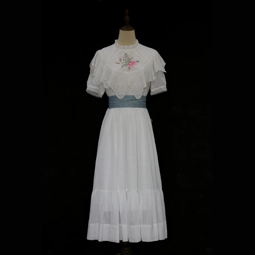 

Women Dress Summer Elegant Slim Victorian Vnt Romantic Ramie Dress True Vintage Antique Handmade Embroidery White Dress
