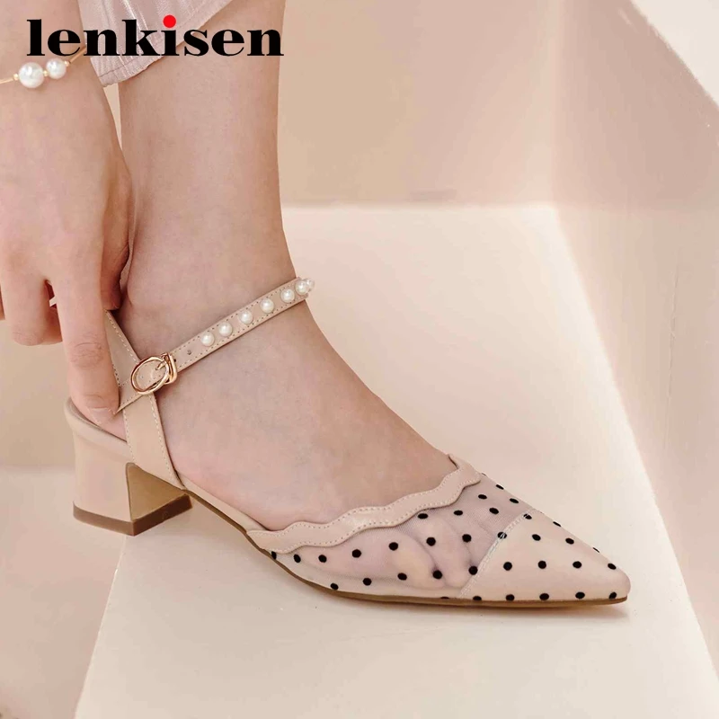 

Lenkisen new gladiator ruffles pearl gorgeous high quality pointed toe med square heel buckle straps office lady women pumps L70