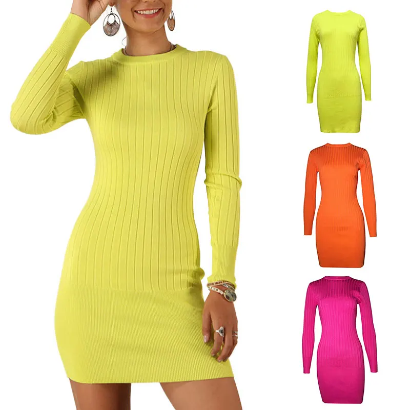Сексуальное обтягивающее вязаное платье-свитер с круглым вырезом и однотонные