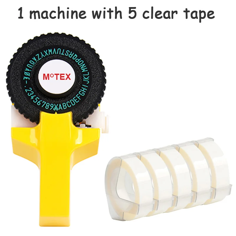 Желтый Цвет MoTex E101 принтер мини DIY ручной совместимый для dymo 3D Тиснение Ручной ленточный ручной пишущая машинка надписи машина - Цвет: machine add 5 clear