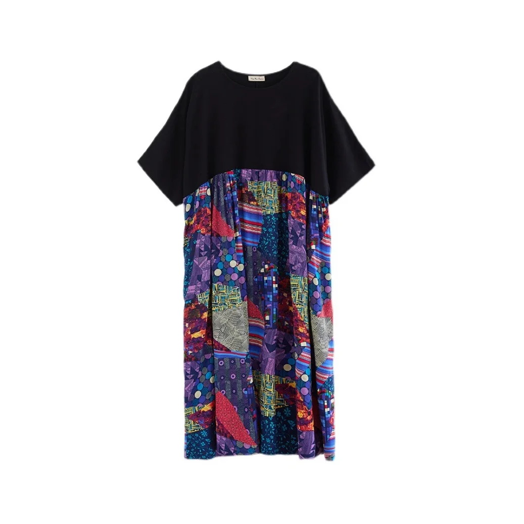 

2021 Summer Dress New Plus Size Women Long Dress Casual Women's Dresses O-neck Short Sleeve Splicing Printing Loose Dress Women