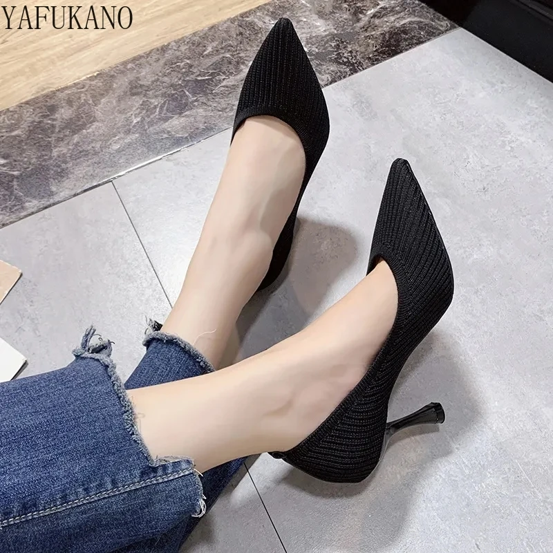 

Женские эластичные трикотажные однотонные дышащие удобные рабочие туфли без шнуровки с острым носком на высоком каблуке-шпильке