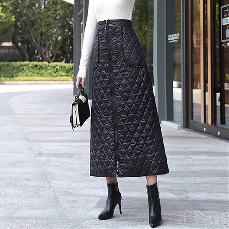 Большие размеры пуховые хлопковые черные макси юбки для женщин зима 2019 высокая