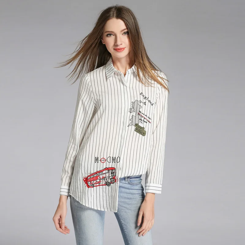

Women's shirt women's black and white striped embroidered shirt new best women's fashion loose casual long-sleeved shirt