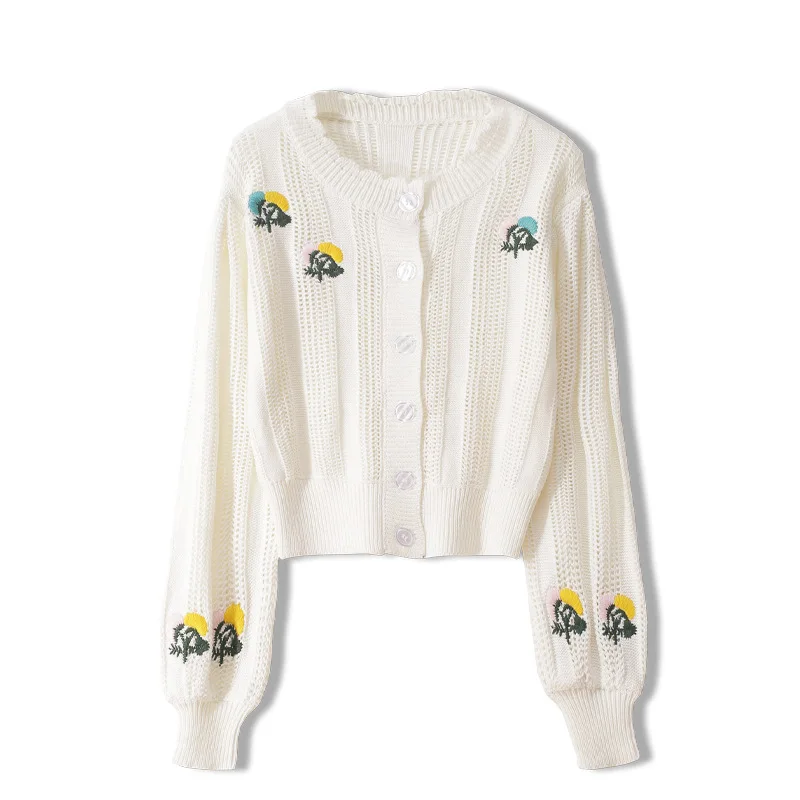 

Vintage Women Autumn Thin Short Cardigan Female O-neck Coat Hollow Out Embroidery Casual Knitted Fashion Ladies Outwear Sweater