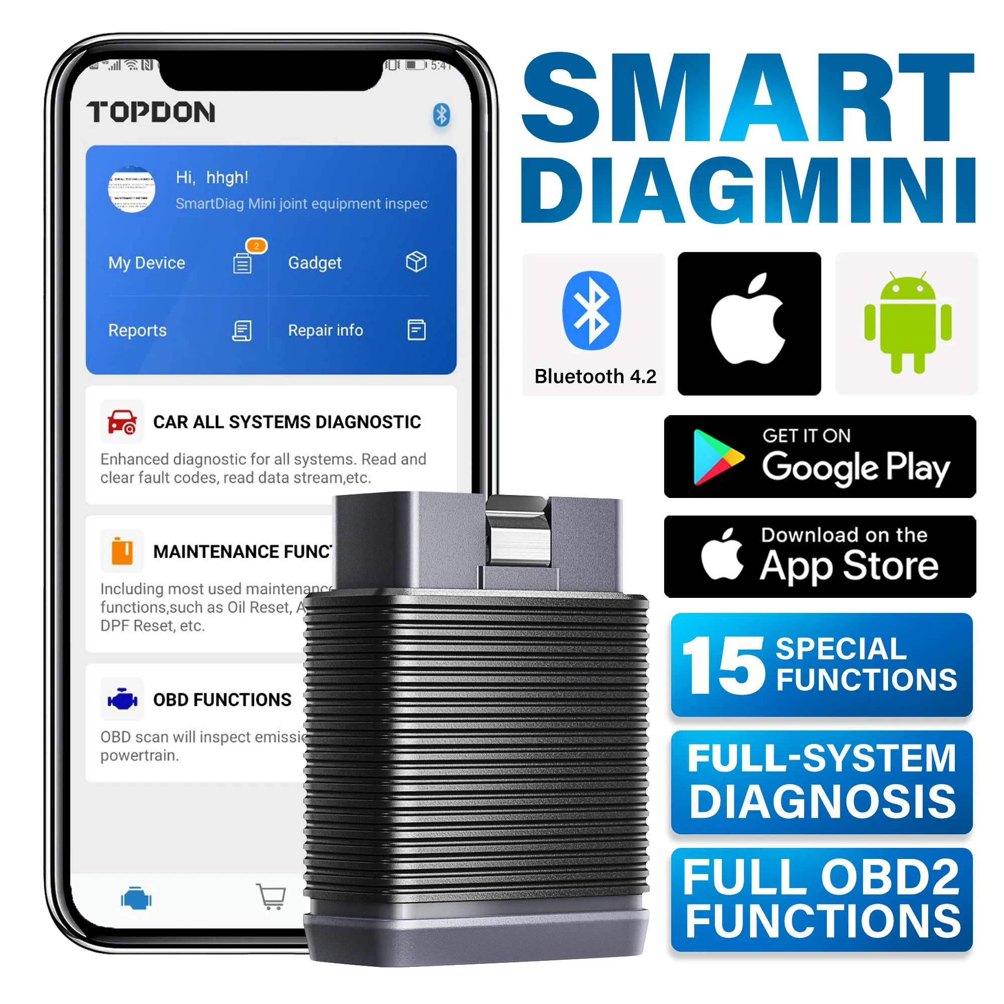 

TOPDON OBD2 Bluetooth Scanner For Car Automotive Diagnostic Tool Auto Scan Tool Code Reader DPF SAS EPB 15 Reset SmartDiag Mini