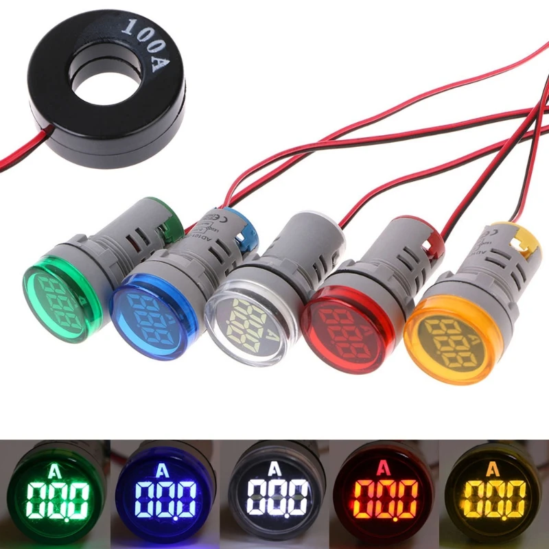 

220V AC 22mm Digital Display Ampermeter Monitor Current Indicator Signal Light Ammeter Tester Measuring 0-100A Ampere Meter