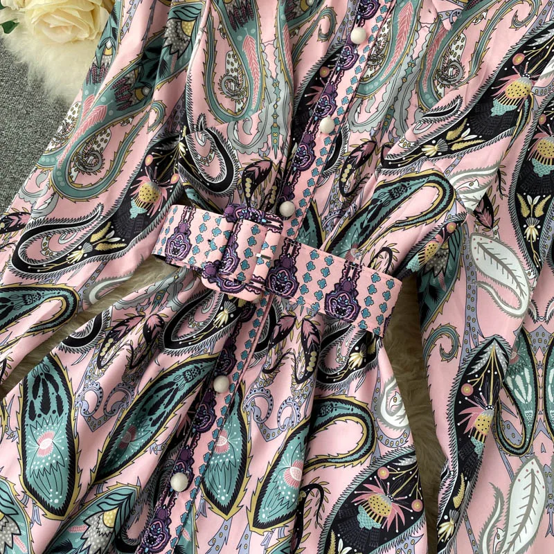 

Women's Spring Summer Runway Fashion Long Sleeve Vintage Print Dress Female Travel Chic Party Beach Dress TB1782