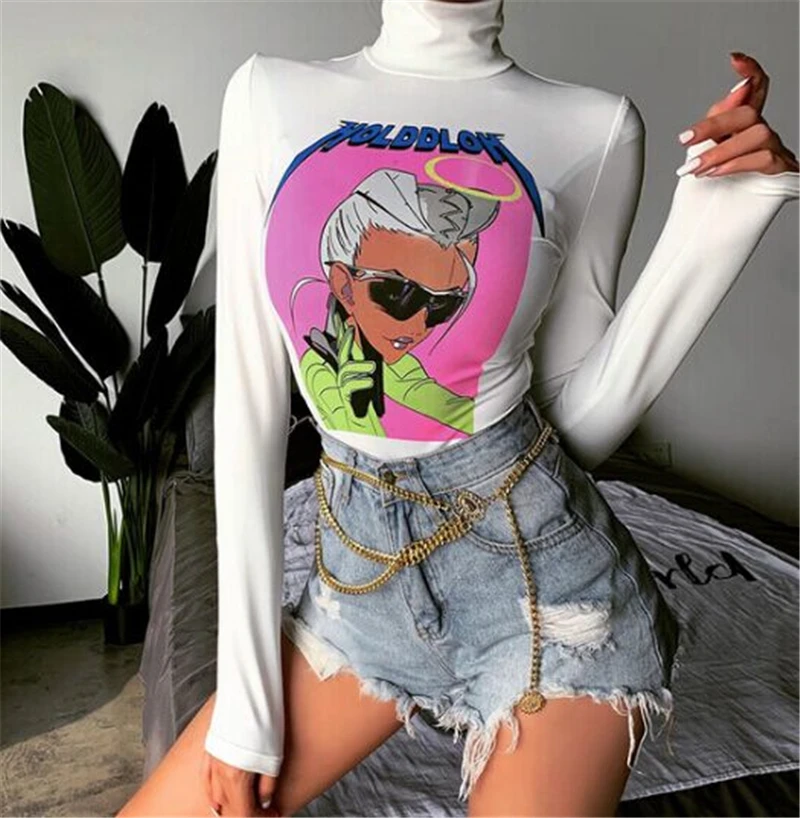 

2020 Fashion High Neck Long Sleeve Sexy Bodysuit Women Autunm Romper White Cartoon Print Bodysuit Body Top