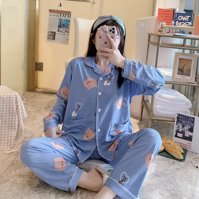 

Пижама женская с длинным рукавом, хлопковый кардиган с лацканами, милый мультяшный Свободный Повседневный брюки с длинными рукавами, домаш...