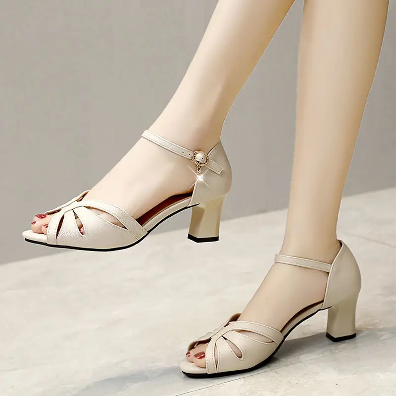 

Women's Leather Sandals 2021,Fashion Summer High Heels,Peep toe,Ankle Buckle Strap Shoes,Female Footwear,BEIGE,BLACK,Dropship