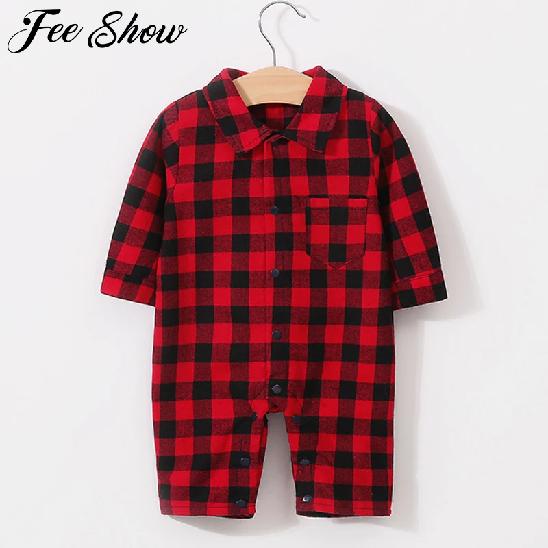 

Spring Newborn Baby Girls Boys Cotton Casual Lapel Plaid Rompers One Pieces Jumpsuit Baby Clothing Long Sleeve Pocket Romper