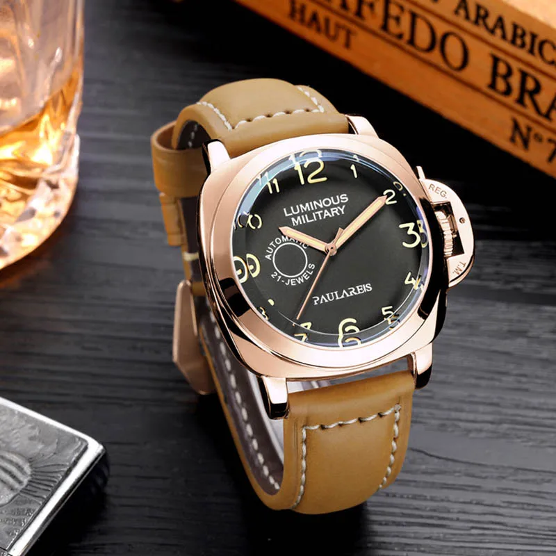 

PAULAREIS Automatic Mechanical Watch Luminous Waterproof Leather Classic Men's Watch Transparent Bottom Luxury Men Self Winding