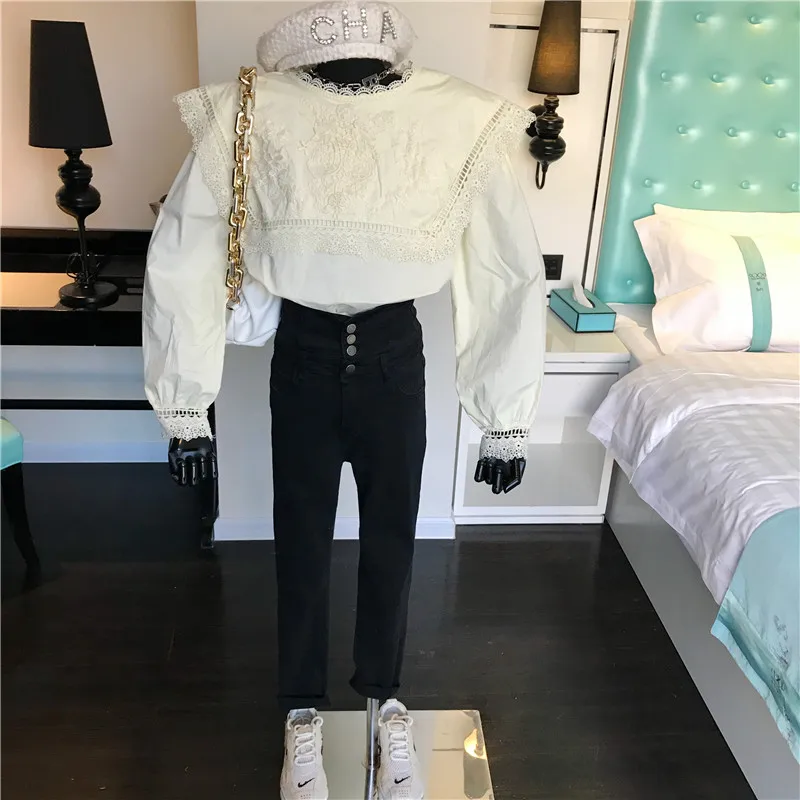 

Women's Spring Summer 2021 Niche Design Lace Heavy Industry Hook Flower Shawl Collar Style Blouse New Loose Long Sleeves Shirt