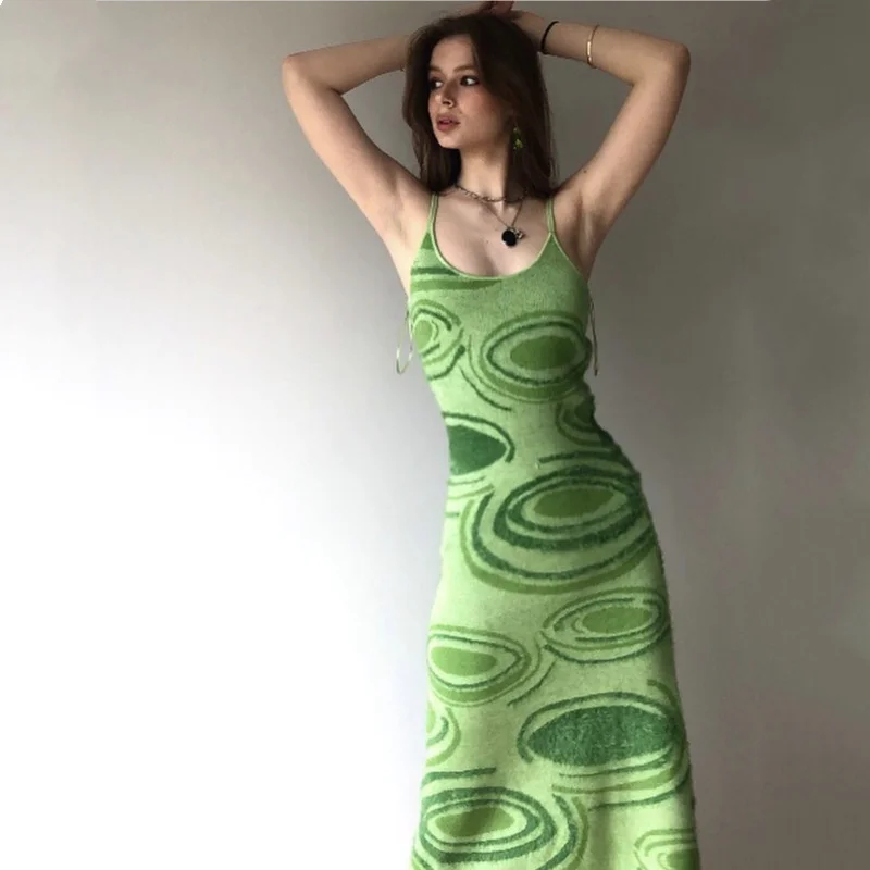 

Green Vintage Dress Women Spaghetti Strap Sexy Bodycon Dress Casual Y2K 2021 Fashion Party Dresses Women Beach Vestido