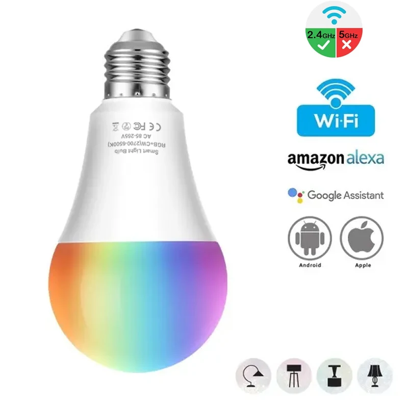 

Smart LED Bulb, WiFi Light Bulb with Color Changing, Work with Google Home Alexa, B22 E27 E14, 10W RGB Siri Voice Bluetooth App