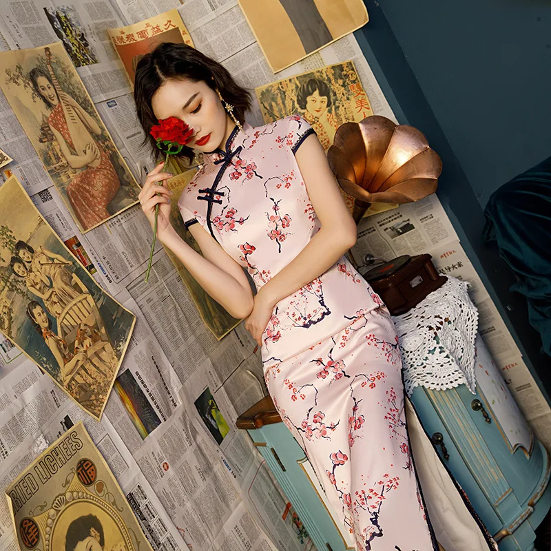 SHENG COCO женские сексуальные розовые цветы длинные Qipao национальные китайские платья свадебные Плюс размерное Ципао тонкий розовый шелк Qipao 4XL