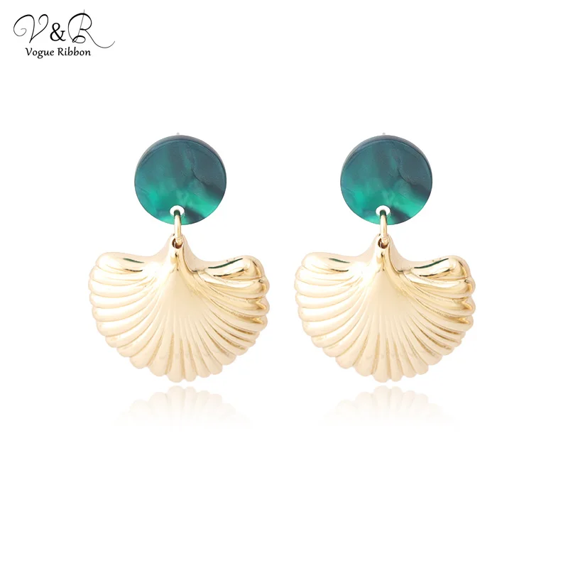 Золотая цепочка зеленые серьги из ацетатной пластинки в виде листьев ракушки с