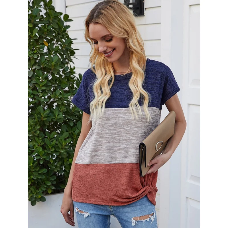 

Women's T Shirts Woman Crop Top Short Sleeve Tees Patchwork 3 Color Twist Blouse Female Fashion Girl Tank Clothing