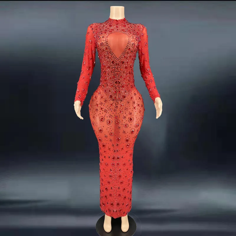 Flashing red Crystals Stones Sexy Transparent Long Dress Evening Birthday Celebrate Mesh Stretch Dance Long Sleeves Dress