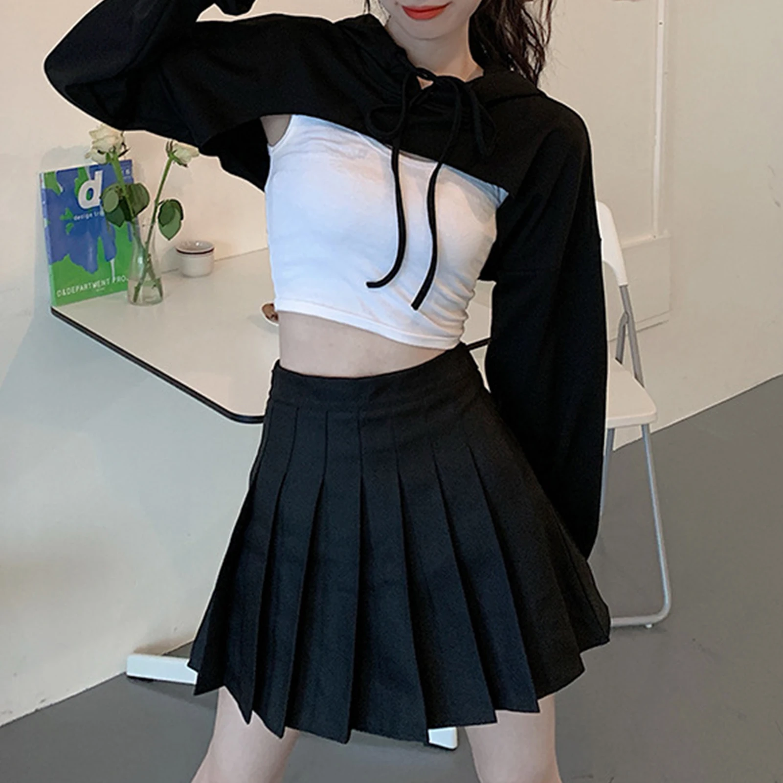 crop hoodie women Solid Color Long Sleeve Drawstring Micro Hoodie Irregular Short Sweatshirt tops for women fashion Blue xl